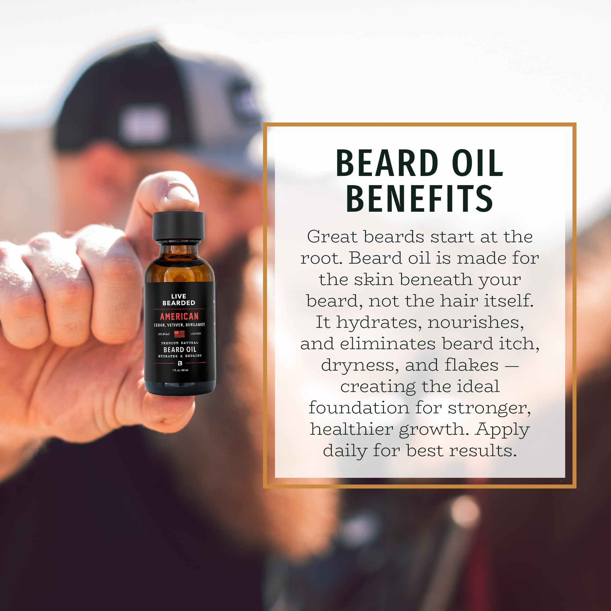 Live Bearded USA-made label shot highlights craftsmanship and quality for premium beard care.