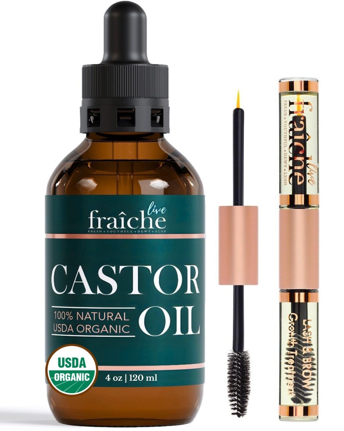 Live Fraiche castor oil bottle shows pure hexane-free formula for hair and skin care.