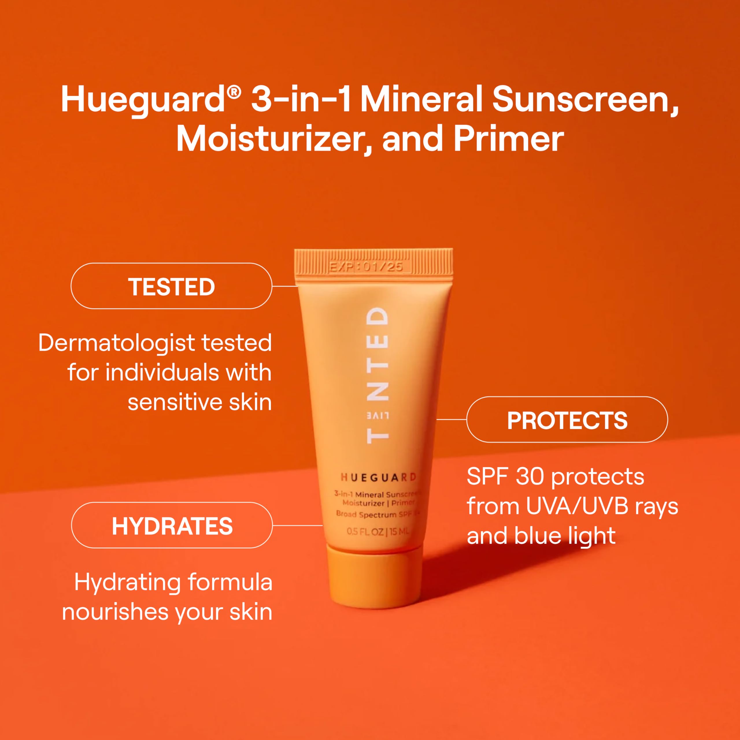 Live Tinted Hueguard Mini bottle-side highlights lightweight SPF 30 with no white cast