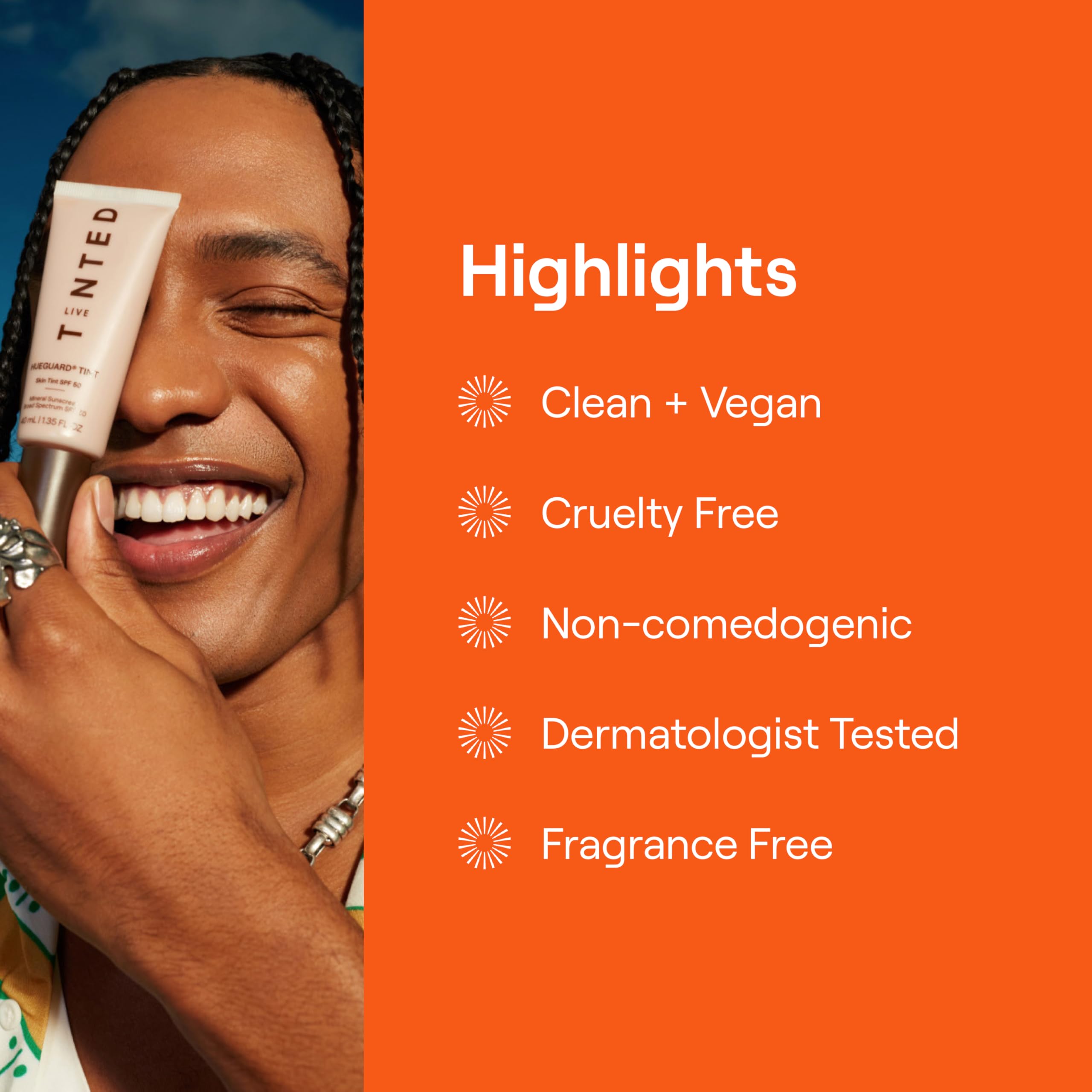 Live Tinted Hueguard packaging emphasizes vegan and fragrance free formula
