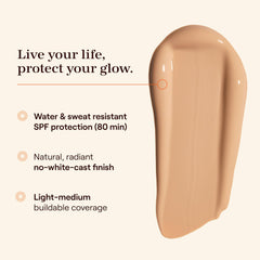 Hueguard dispensed on skin showing lightweight mineral sunscreen gel-cream