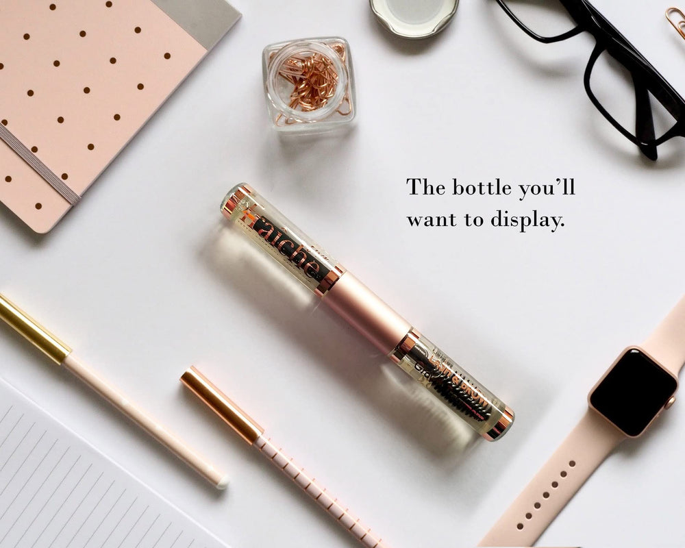 Live Fraiche dual-end applicator in use enables targeted application to lashes and brows.