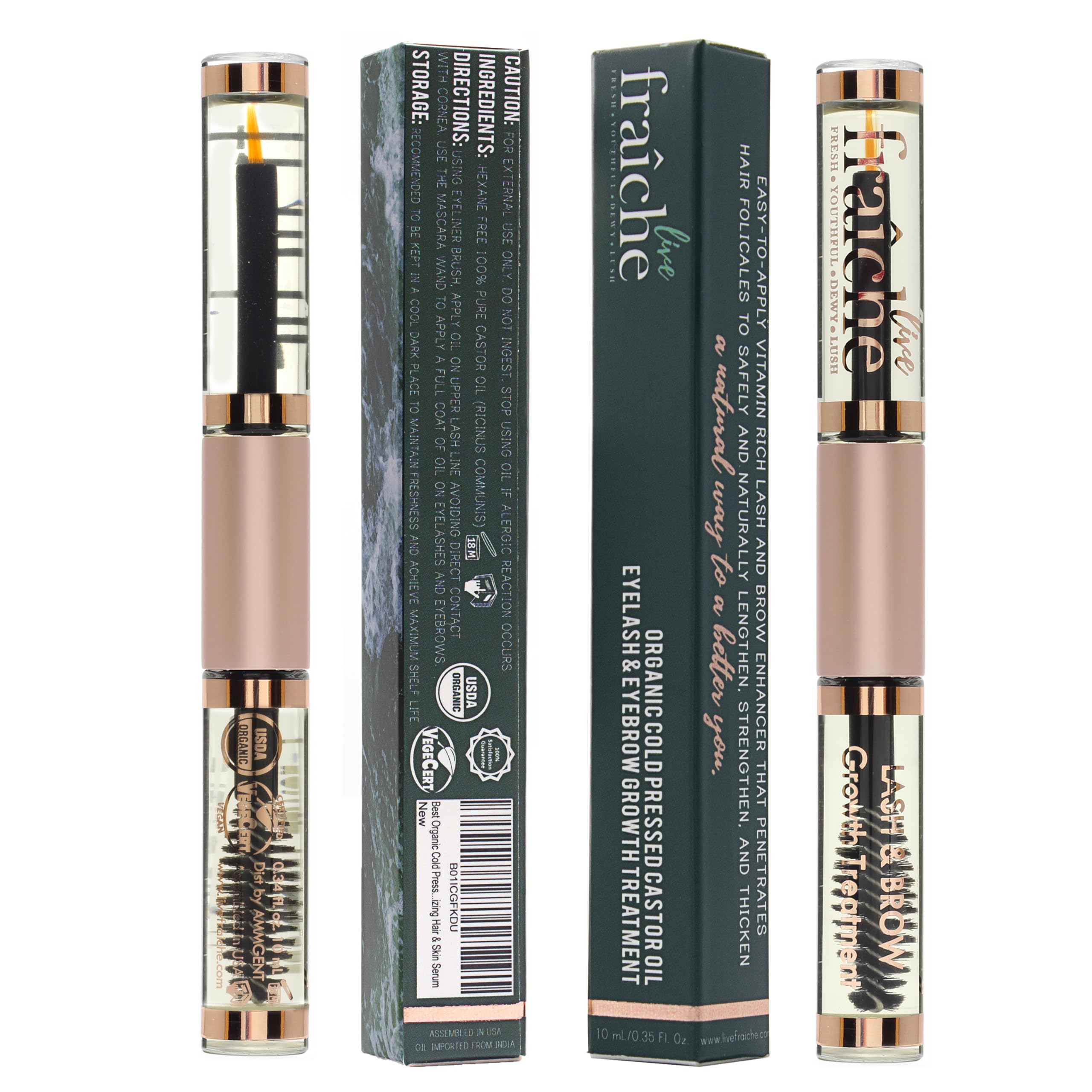Live Fraiche lash serum double-pack application showing easy dual-end use for precise lash and brow care.