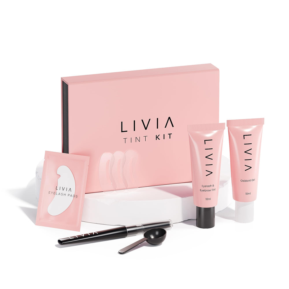 LIVIA black eyelash color set box shows vegan, gentle tinting for sensitive skin.