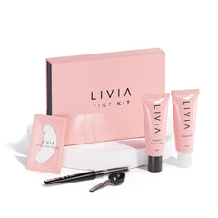 LIVIA black eyelash color set box shows vegan, gentle tinting for sensitive skin.