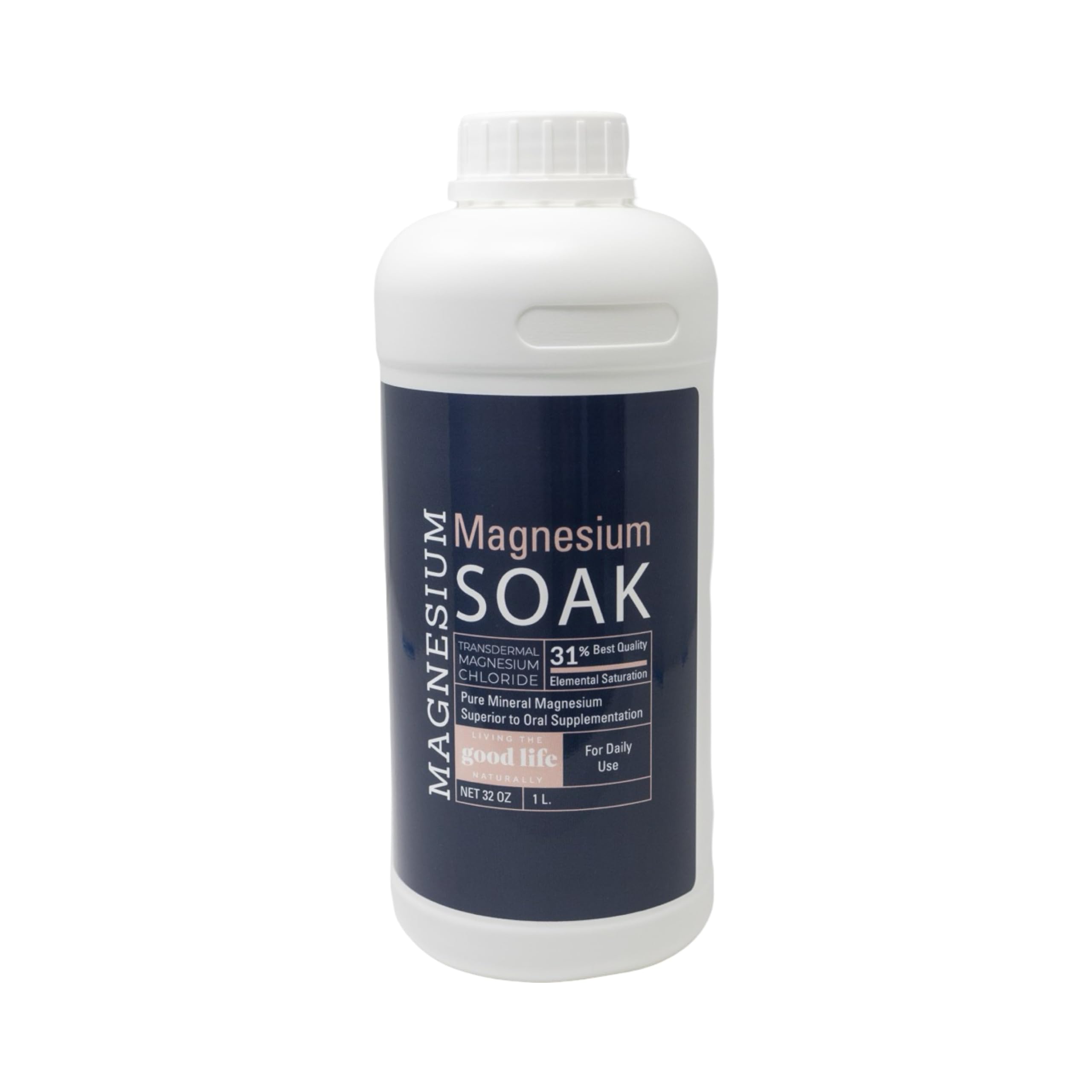 Living the Good Life Naturally magnesium soak bottle front for calm, at-home relaxation.