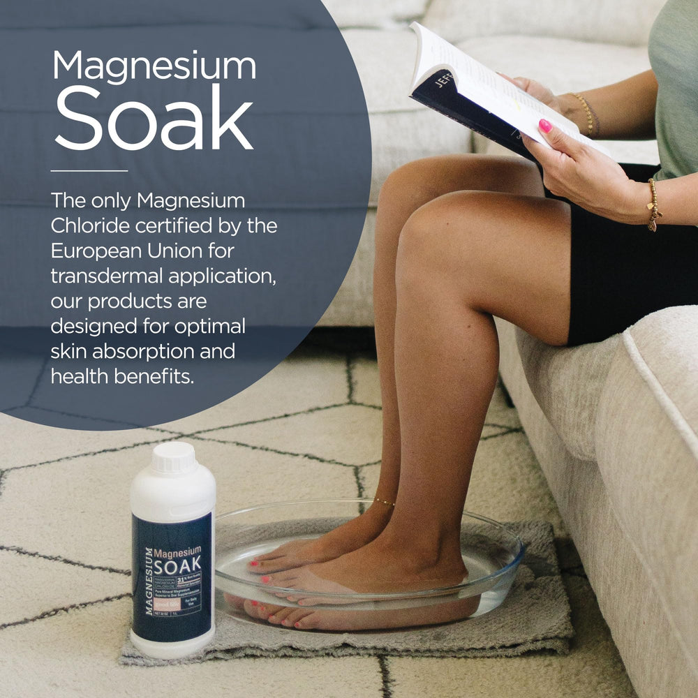 Living the Good Life Naturally magnesium soak bath scene promoting spa-like skin nourishment.