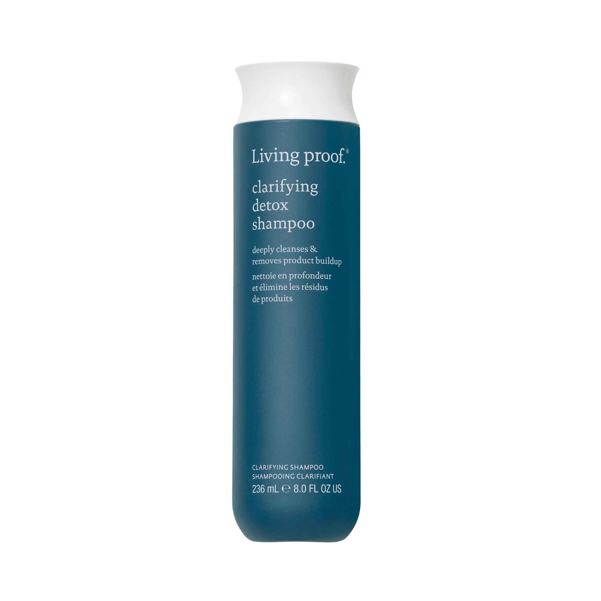 Living Proof Clarifying Detox Shampoo bottle shows deep cleansing of buildup