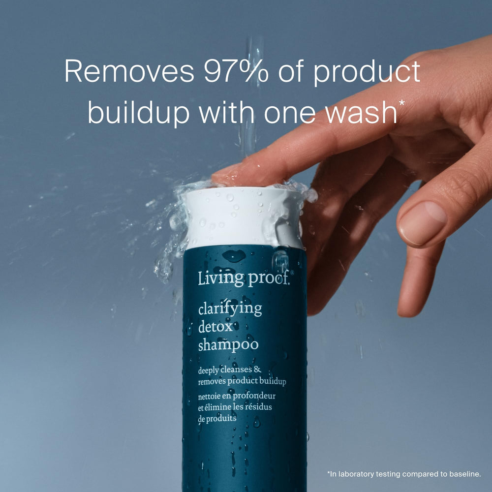 Living Proof Clarifying Detox Shampoo lather on hair emphasizes oil and pollution removal