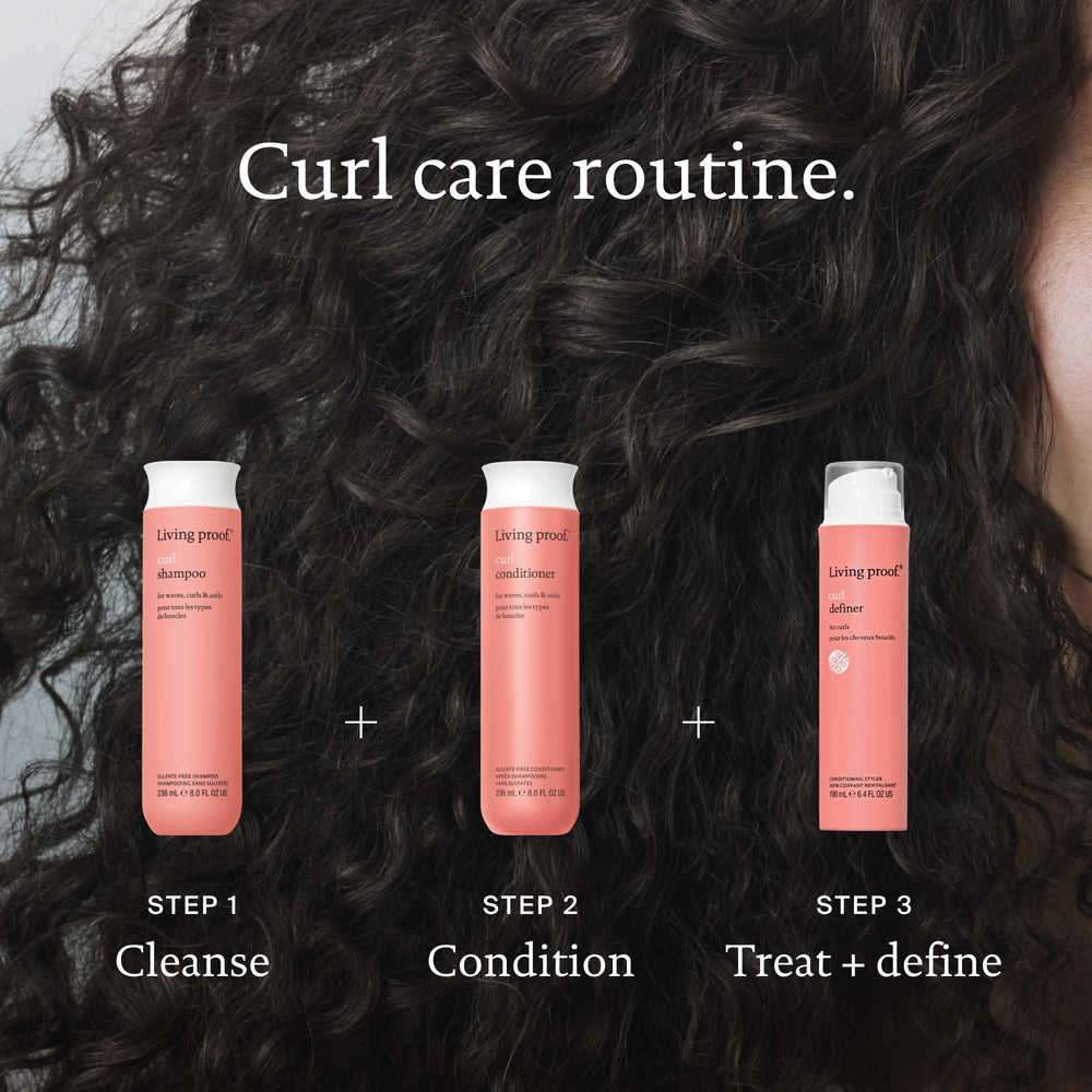 Living Proof Curl Conditioner 8oz packaging on shelf conveys value and portability.