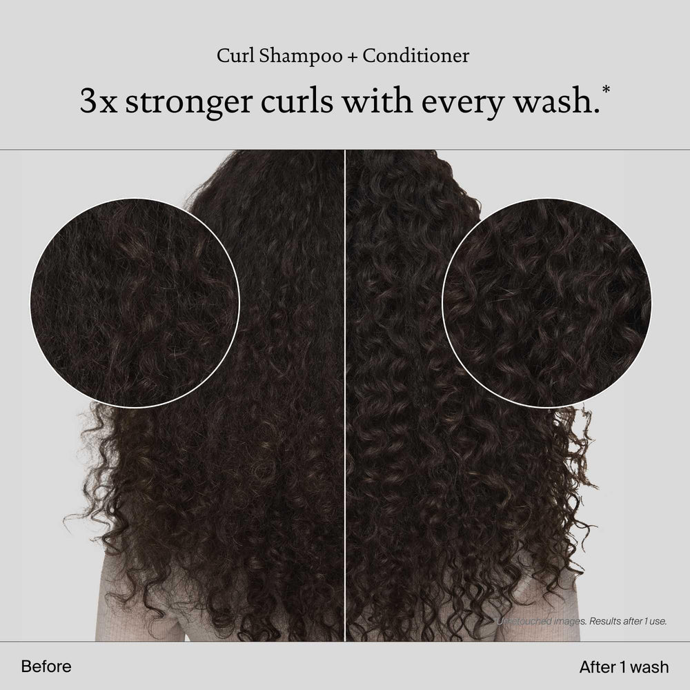 Living Proof Curl Conditioner after-use hair close-up suggests softer, more manageable curls.