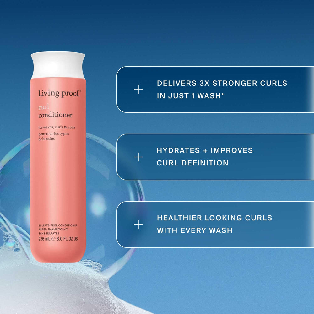 Living Proof Curl Conditioner texture slick highlights silky slip for easy detangling.