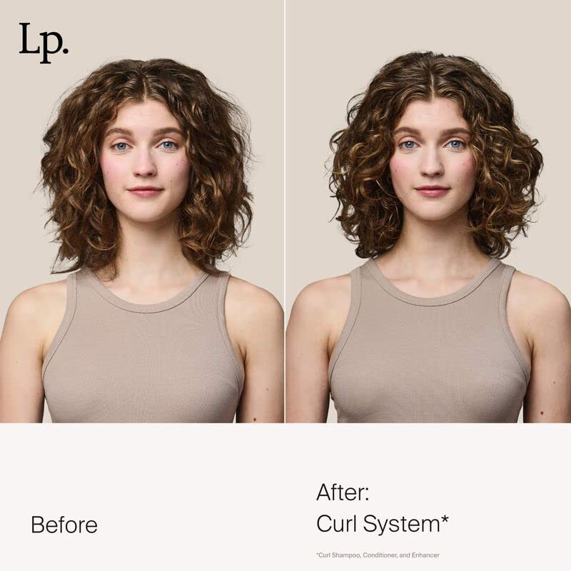Living Proof Curl Enhancer damp-hair application shows improved curl definition.