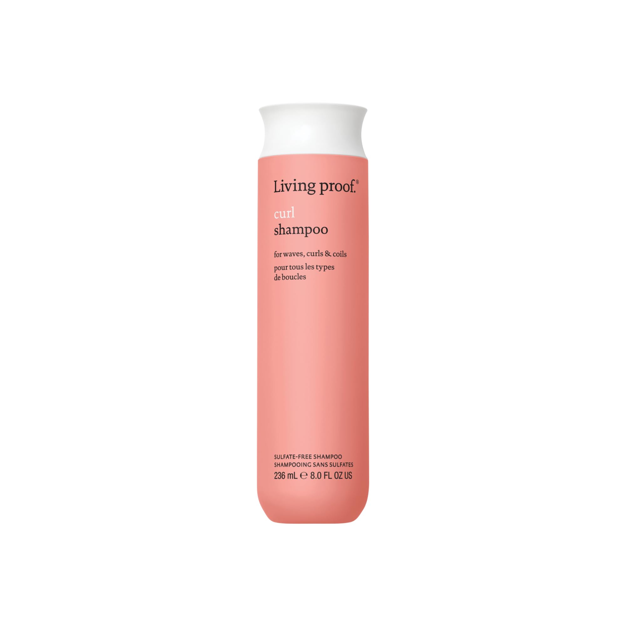 Living Proof Curl Shampoo bottle front shows sleek design for defined curls