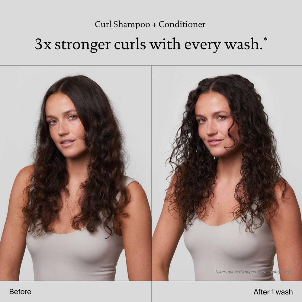 Living Proof Curl Shampoo curls model shows hydrated definition after washing