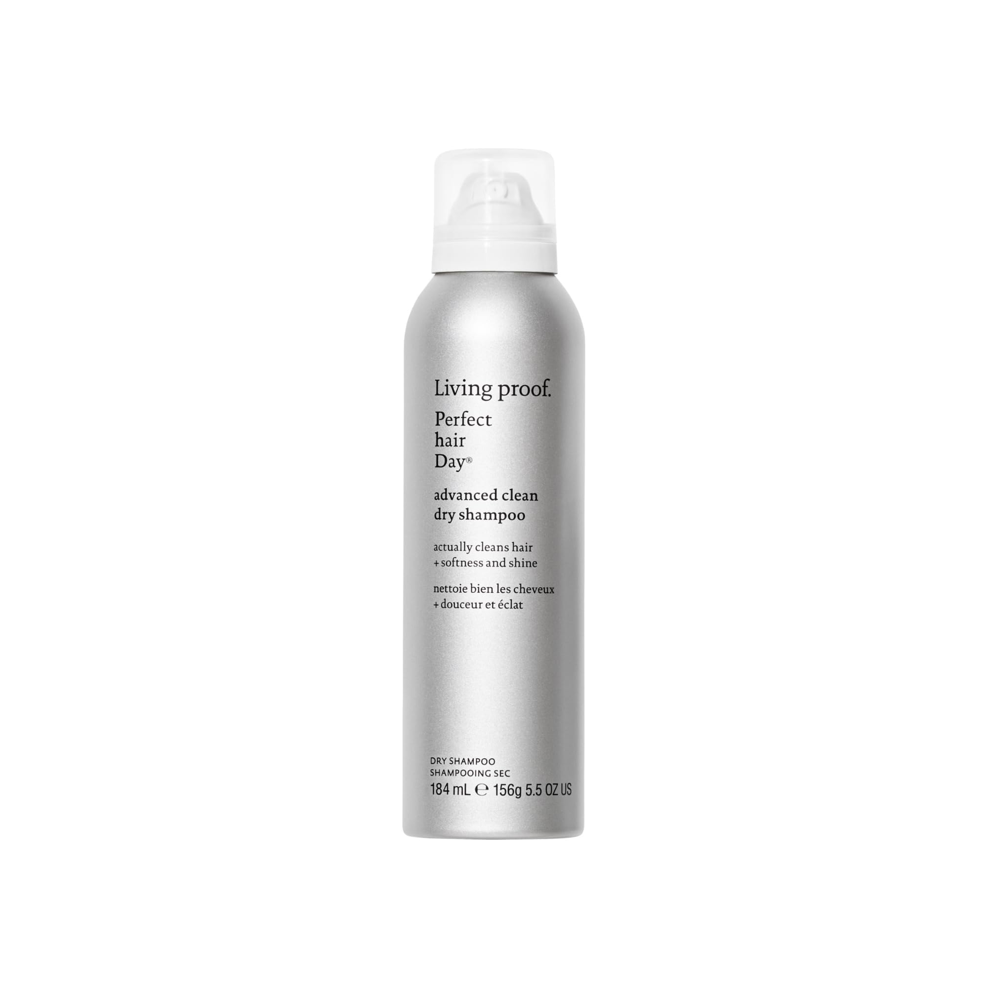 Living Proof Dry Shampoo Advanced Clean bottle demonstrates oil absorption for a just-washed feel