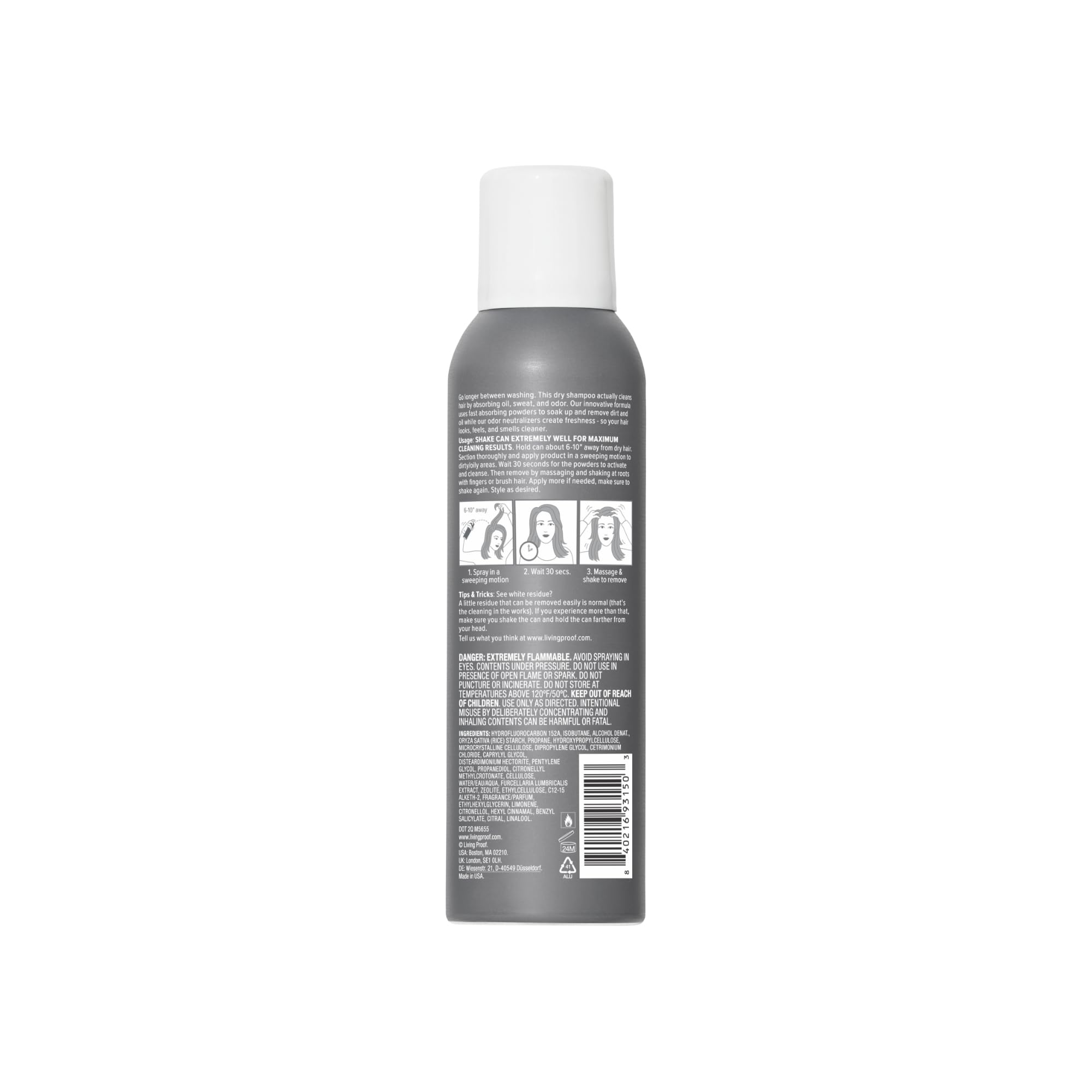 Living Proof Perfect Hair Day Dry Shampoo beside clean, bouncy hair