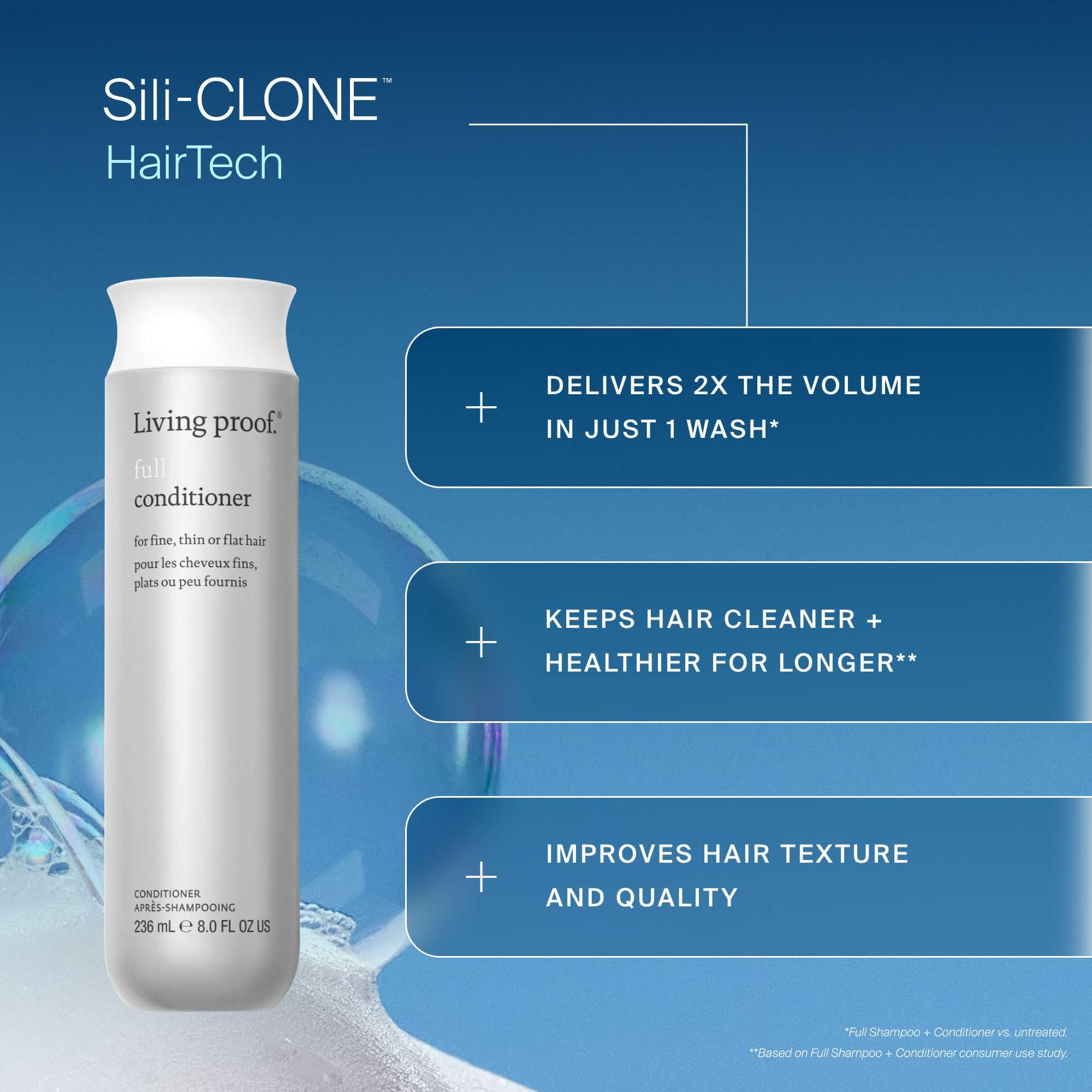 Living Proof Full Conditioner applied by hands offers detangling and smooth results.