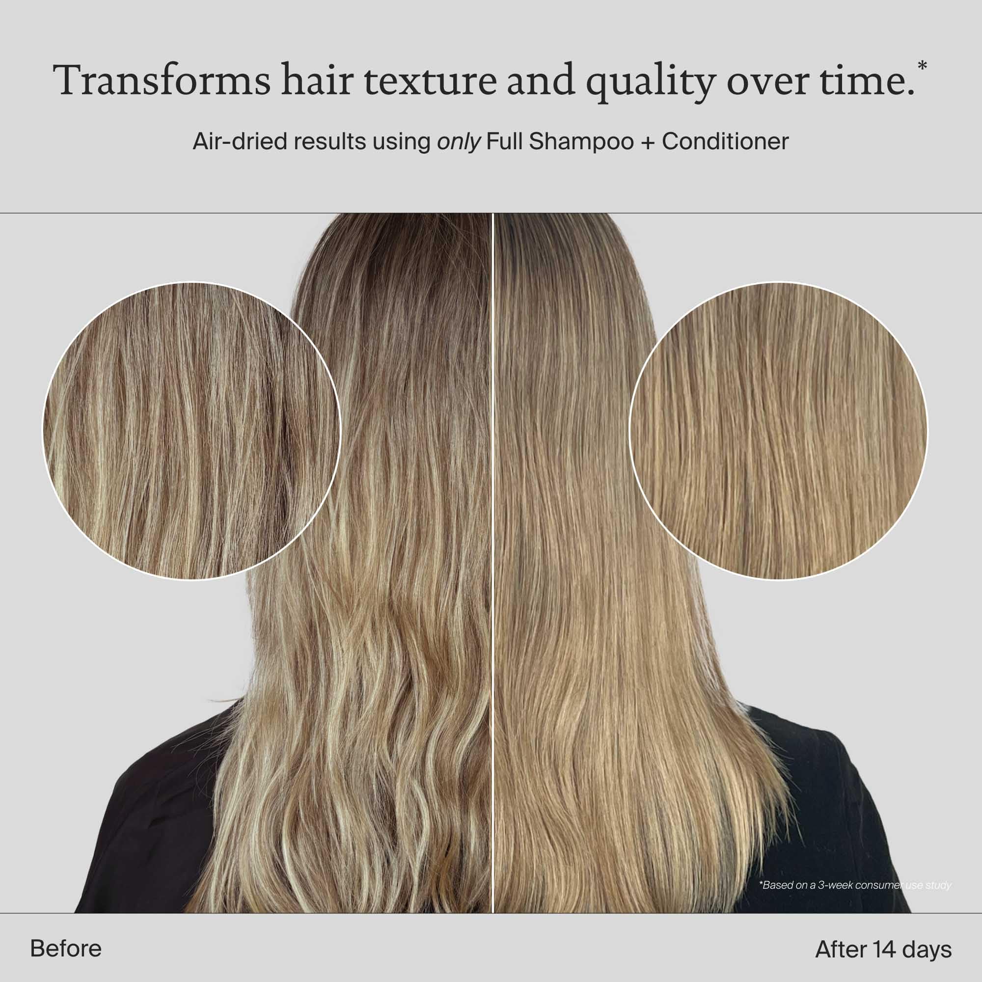 Living Proof Full Conditioner rinse image highlights shine and weightless body.