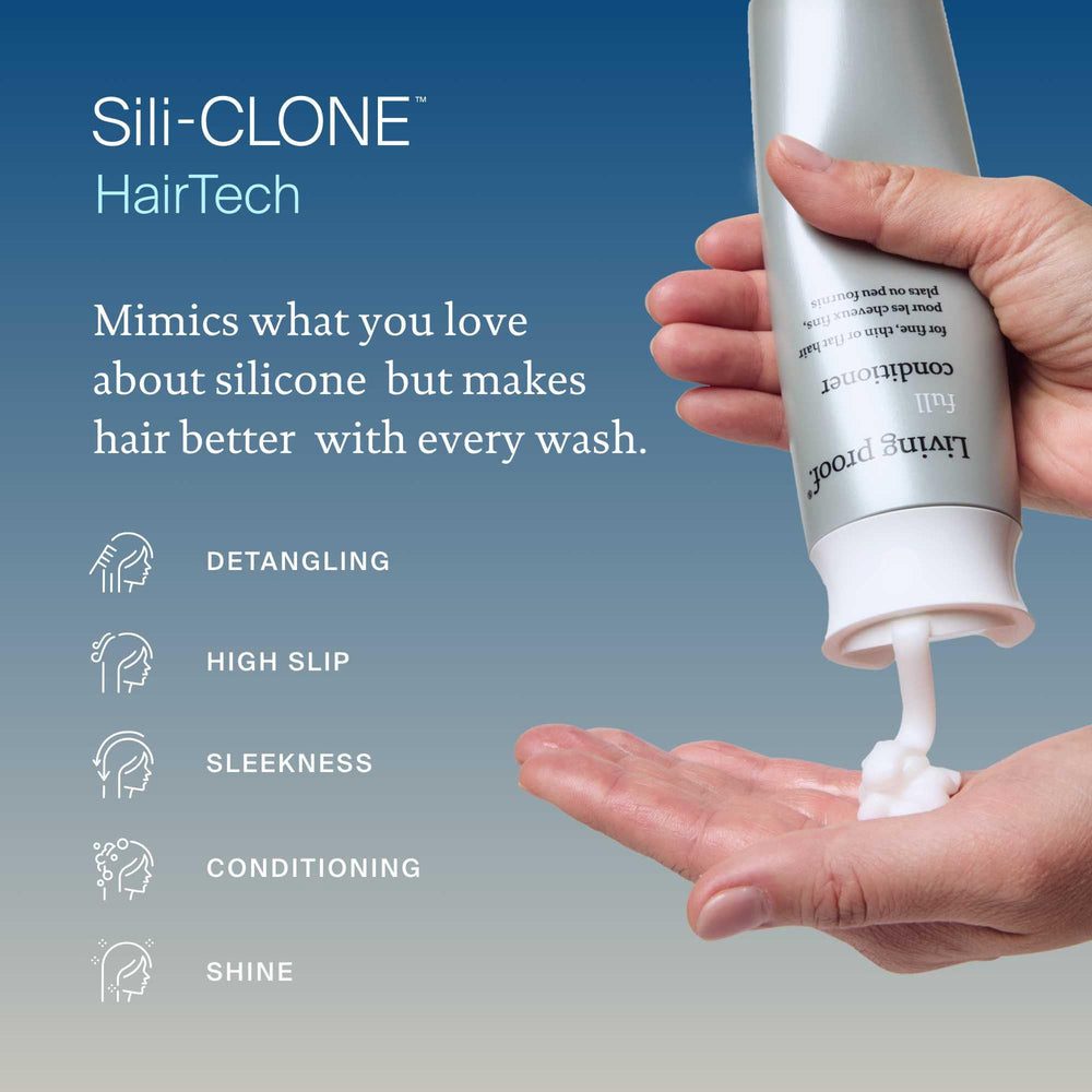 Living Proof Full Conditioner after-use hair shows soft, shiny, manageable strands.