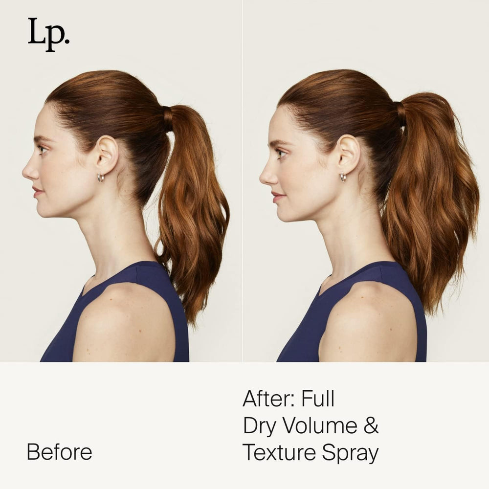 Living Proof Full Dry Volume & Texture Spray application close-up shows effortless lift on flat hair.