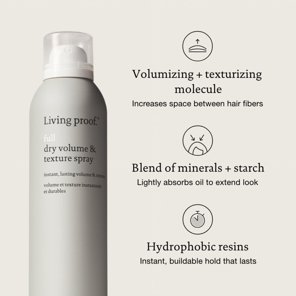 Living Proof Full Dry Volume & Texture Spray heat protection up to 410°F featured in usage shot.