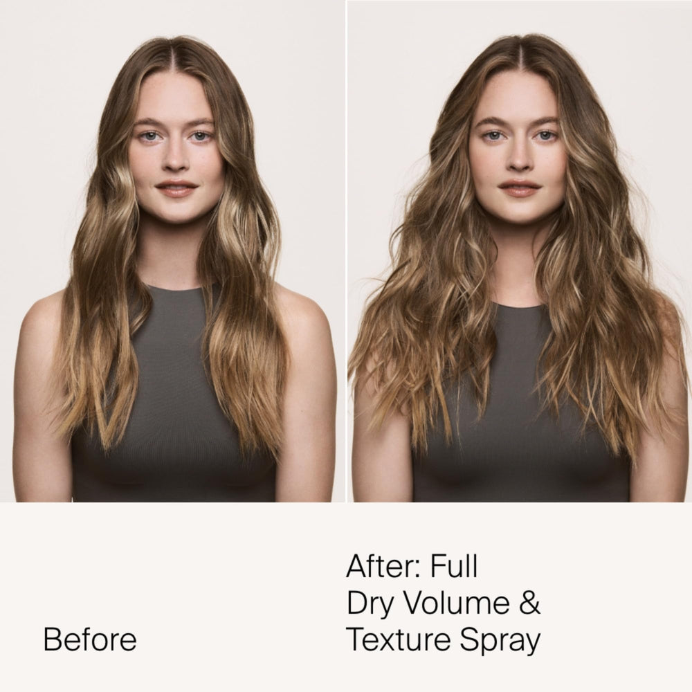 Living proof Full Dry Volume & Texture Spray before-after showcases lifted roots and textured ends.