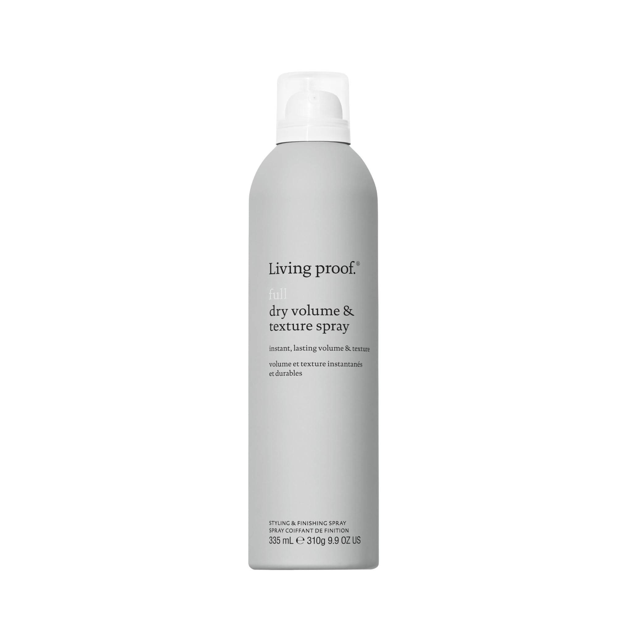 Living Proof Full Dry Volume & Texture Spray bottle close-up showing root lift.