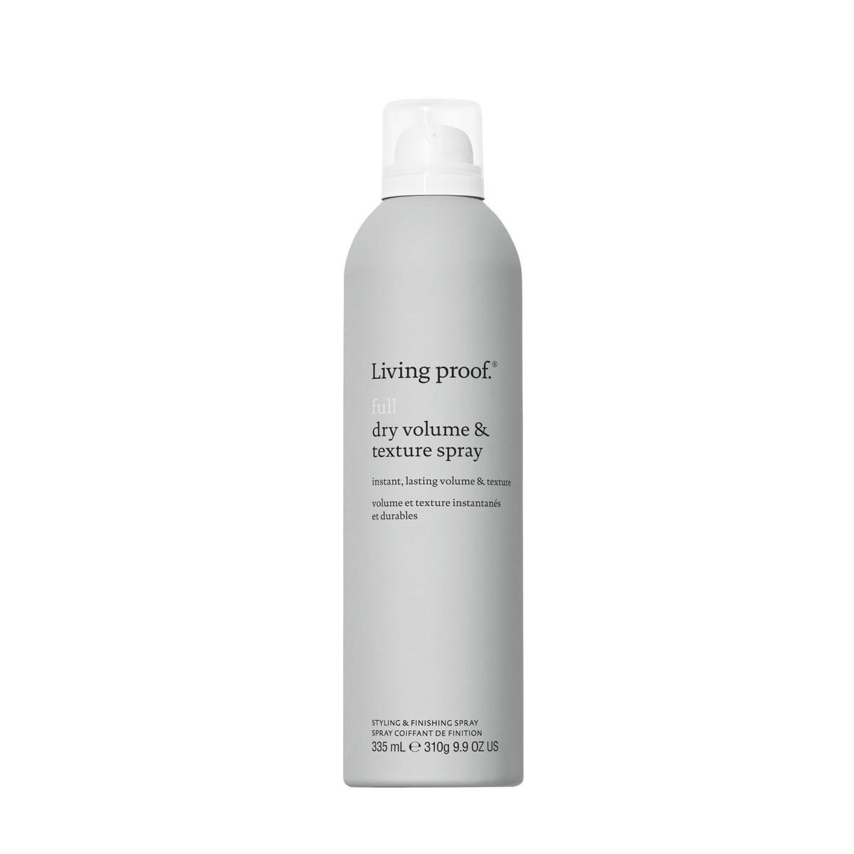 Living Proof Full Dry Volume & Texture Spray bottle close-up showing root lift.