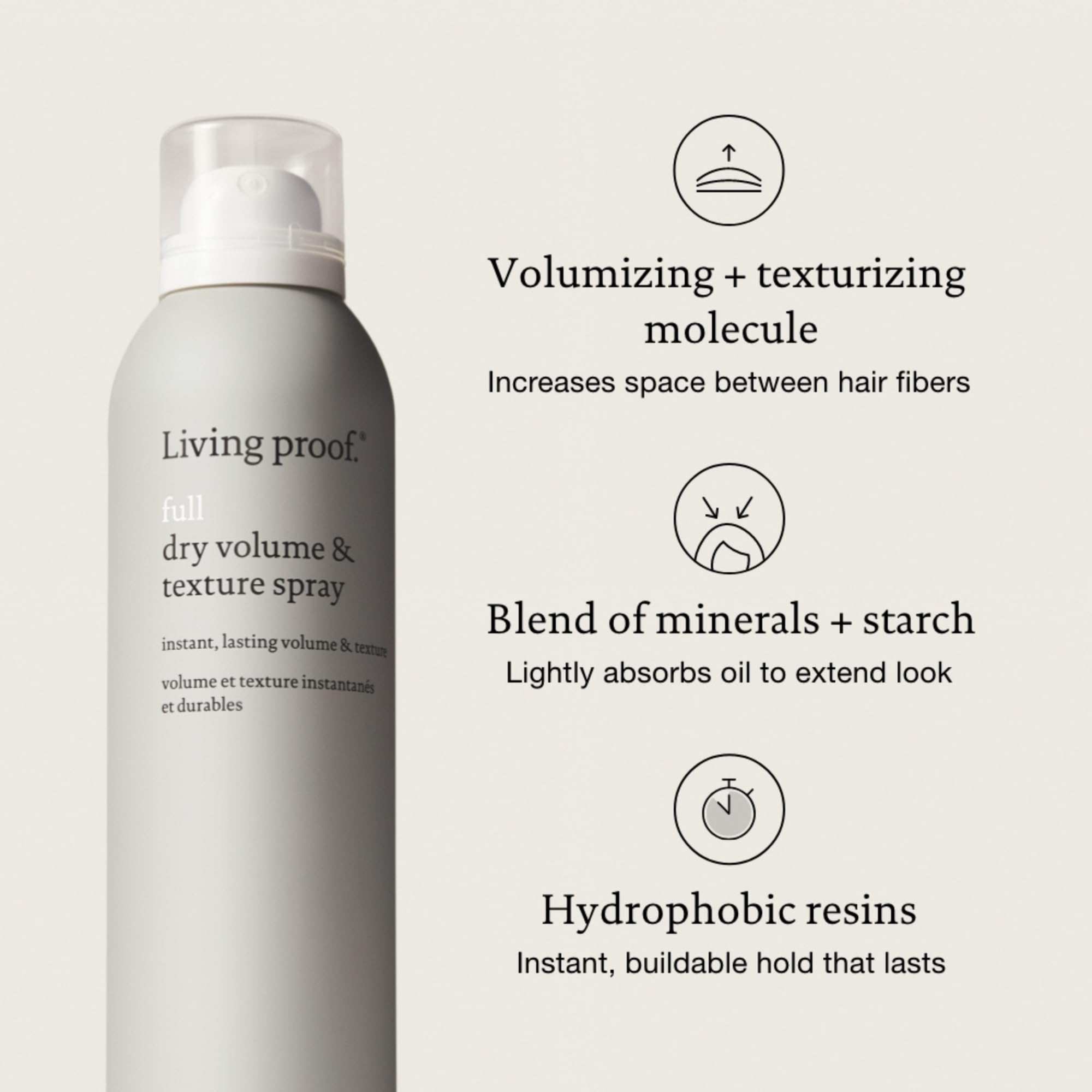 Living proof Full Dry Volume & Texture Spray lightweight hold prevents stiffness during styling.
