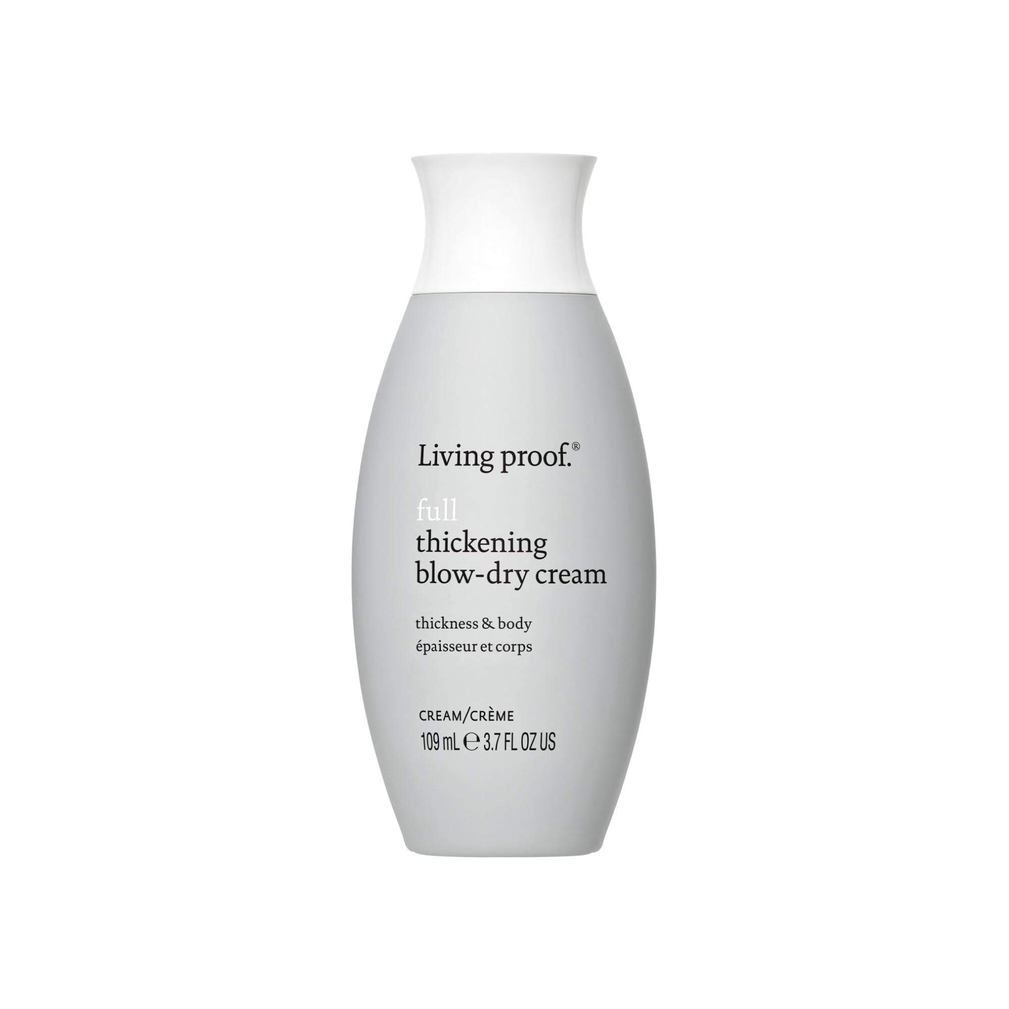 Living Proof Full Thickening Blow-Dry Cream bottle promises airy volume and lightweight conditioning.