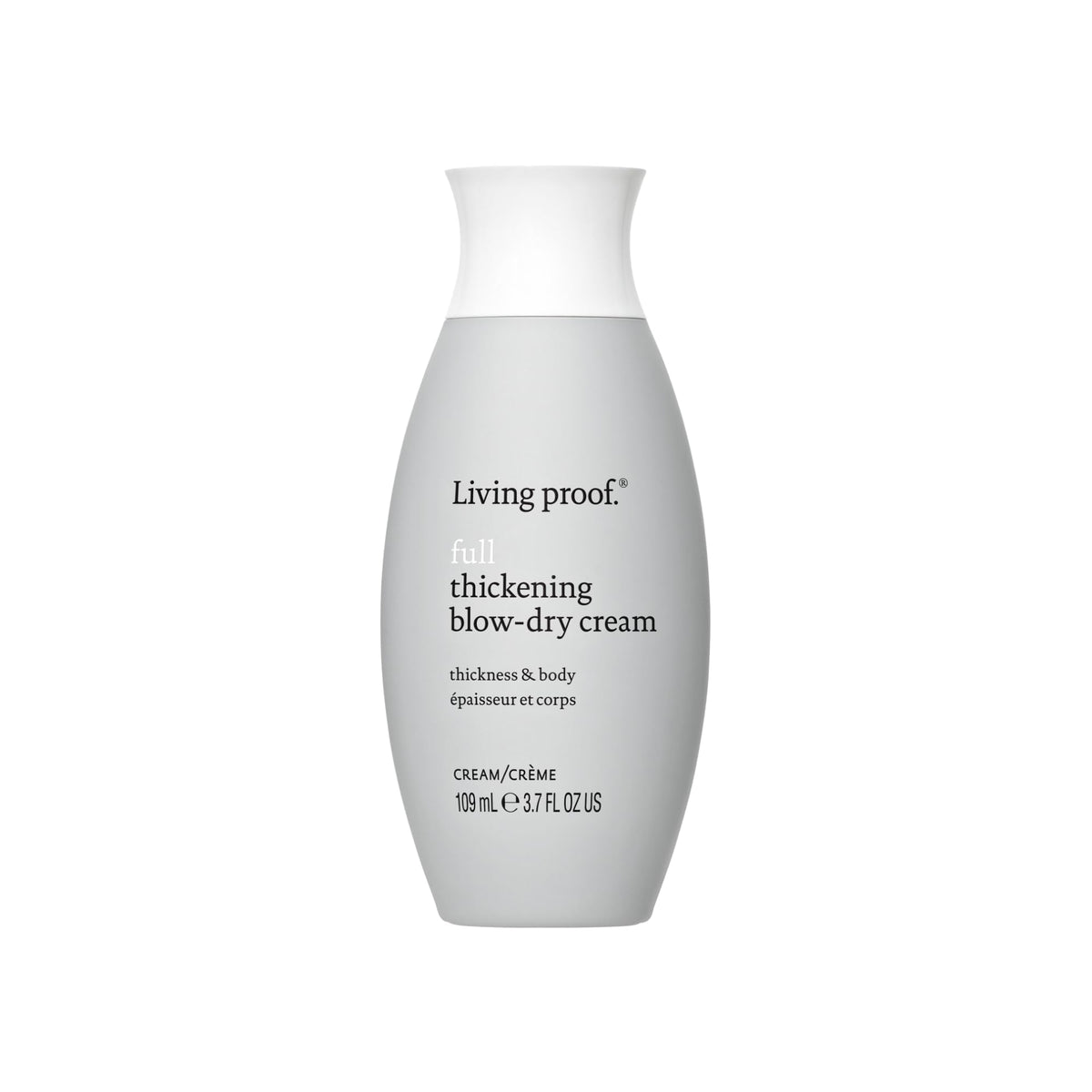Living Proof Full Thickening Blow-Dry Cream bottle promises airy volume and lightweight conditioning.