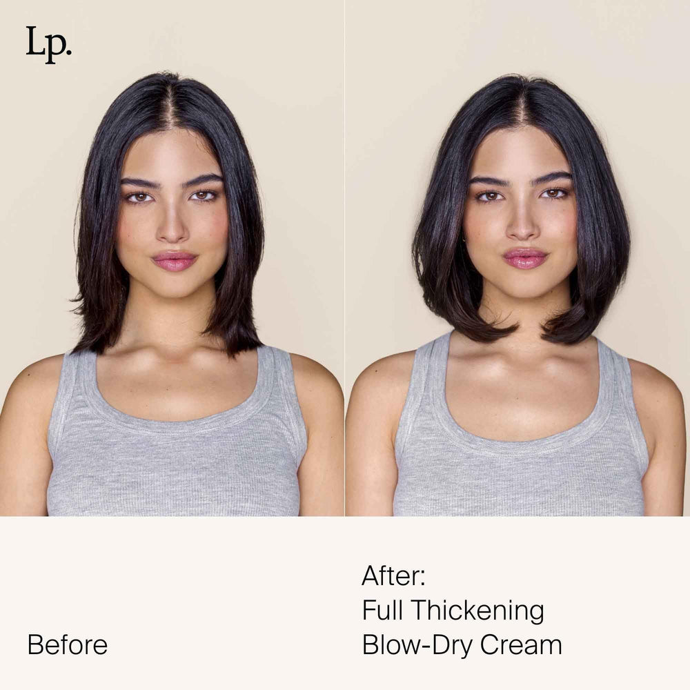 Living Proof Full Thickening Blow-Dry Cream on damp hair before blow-drying.