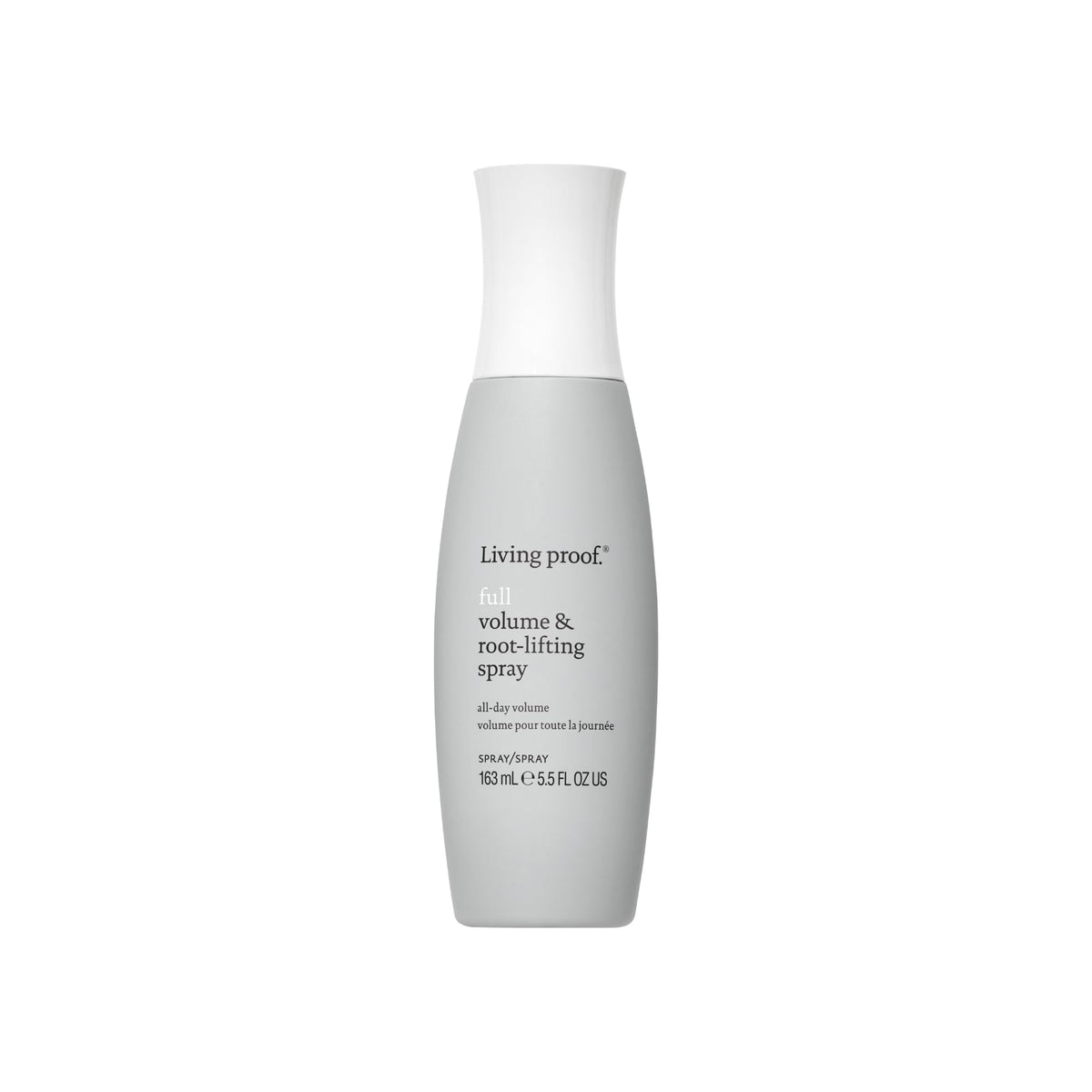 Living proof Full Volume Root-Lifting Spray bottle closeup highlighting root lift potential.