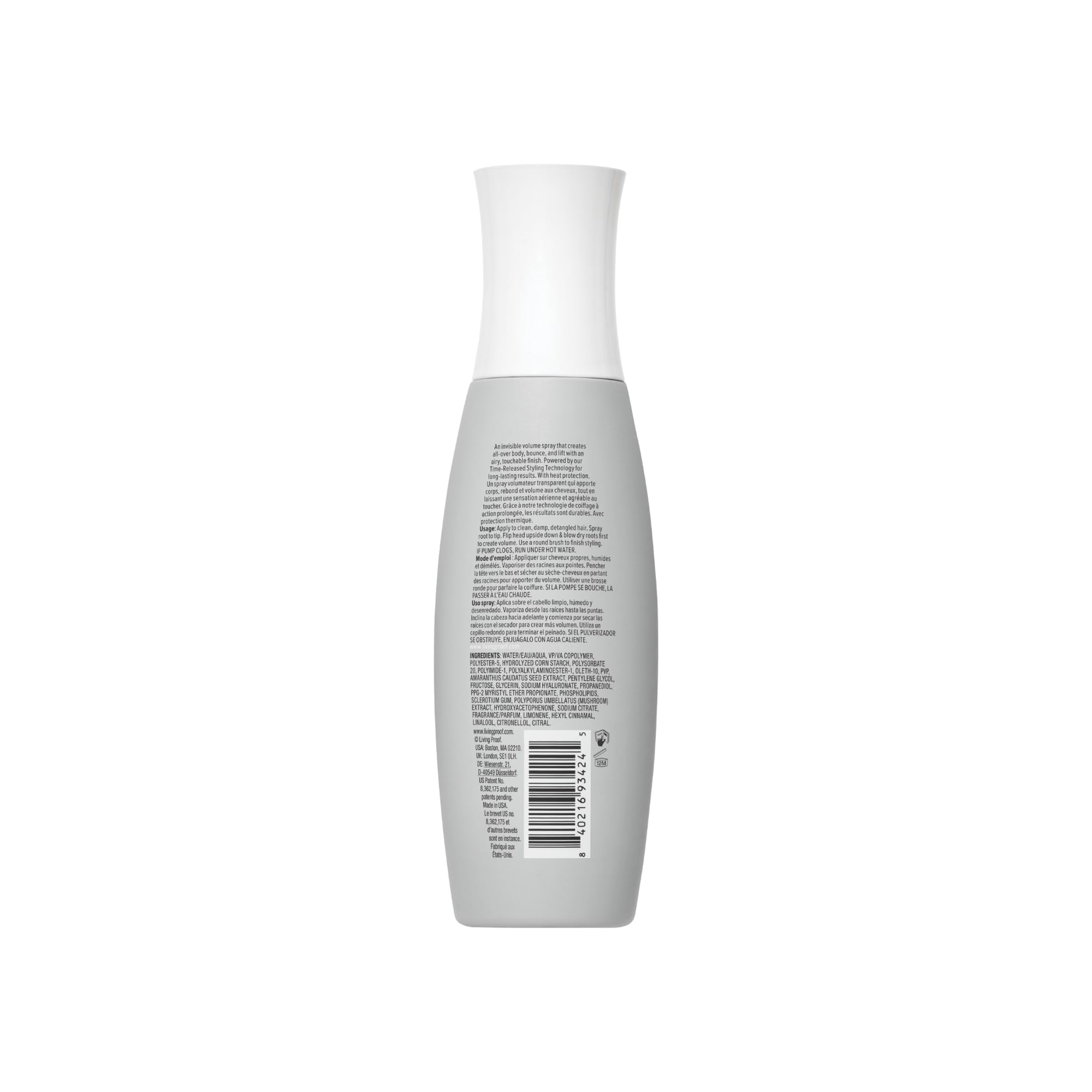 Living proof Full Volume Root-Lifting Spray in action dispensing a mist for lightweight hold.