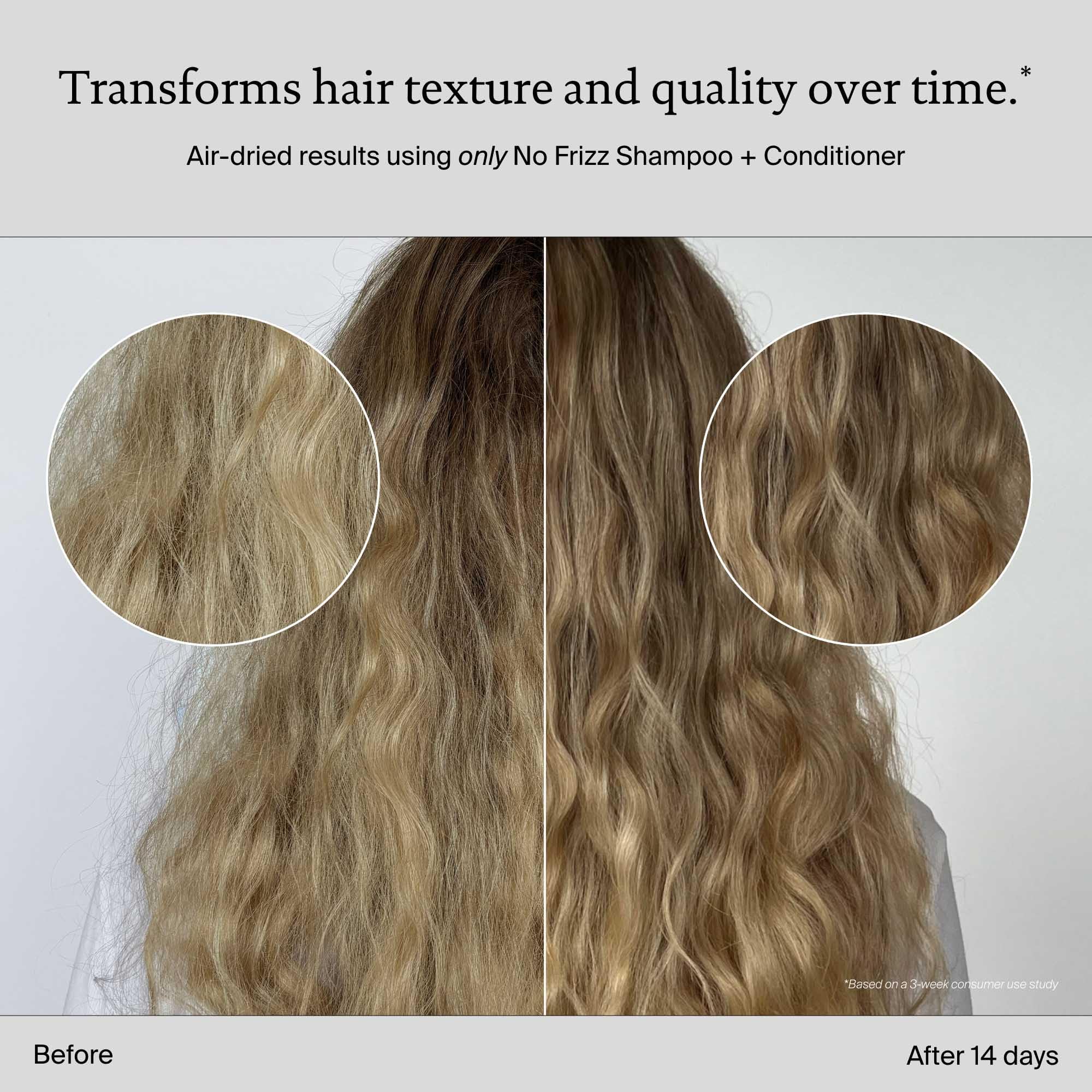 Living Proof No Frizz Conditioner bottle close-up emphasizing sleek smoothing