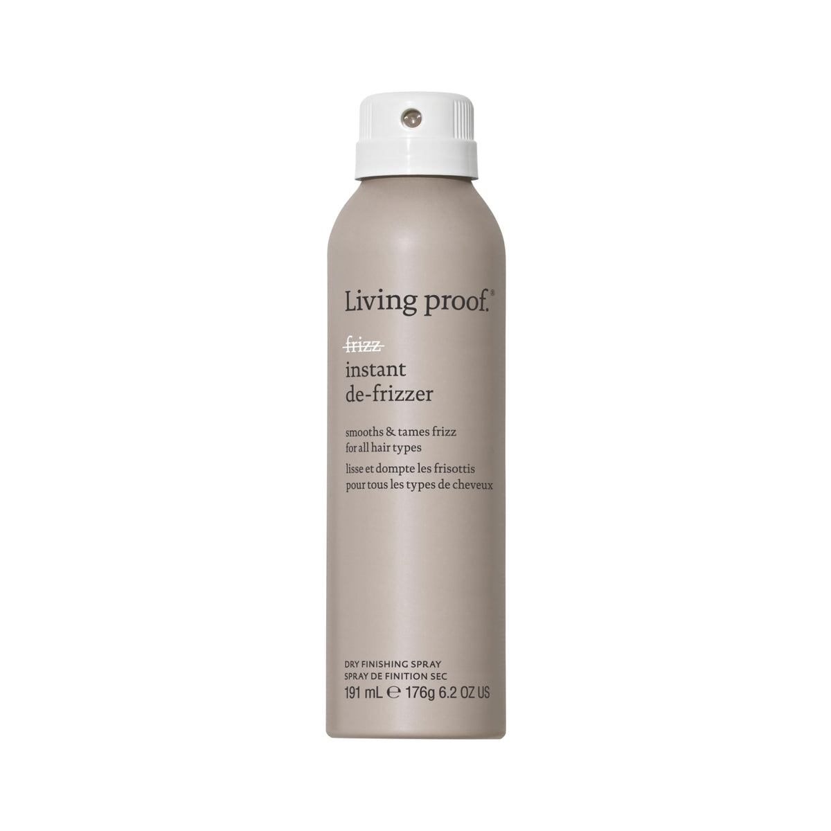 Living Proof No Frizz Instant De-Frizzer bottle with pump delivering lightweight frizz control on dry hair.