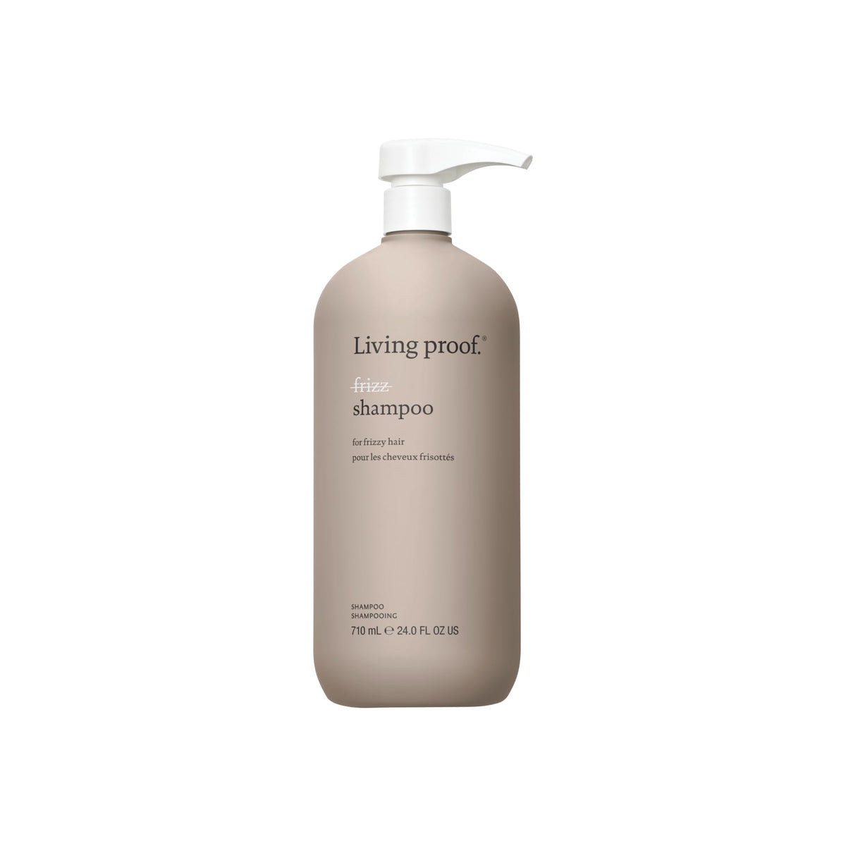 Living Proof No Frizz Shampoo bottle front view demonstrates frizz control and shine.