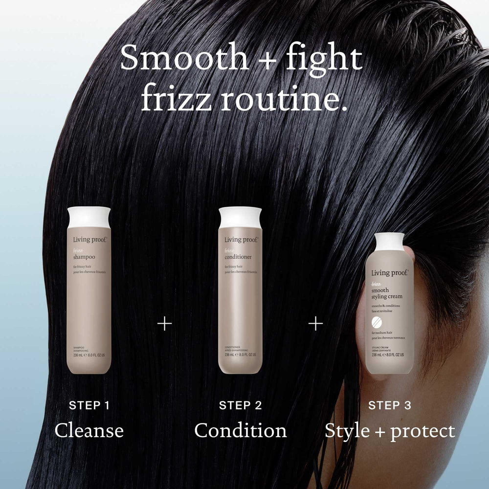 Living Proof No Frizz Shampoo illustration showing frizz reduction in everyday settings.