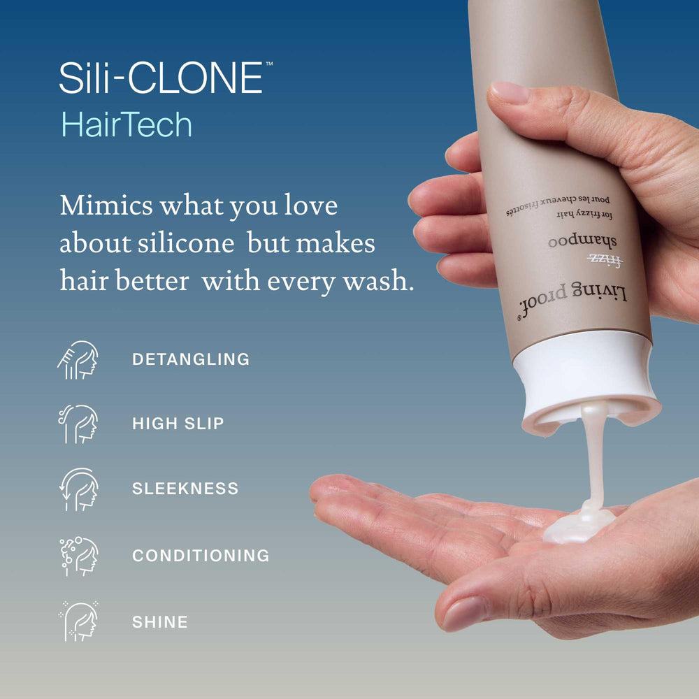 Living Proof No Frizz Shampoo hair-after-wash image implies softer, more manageable texture