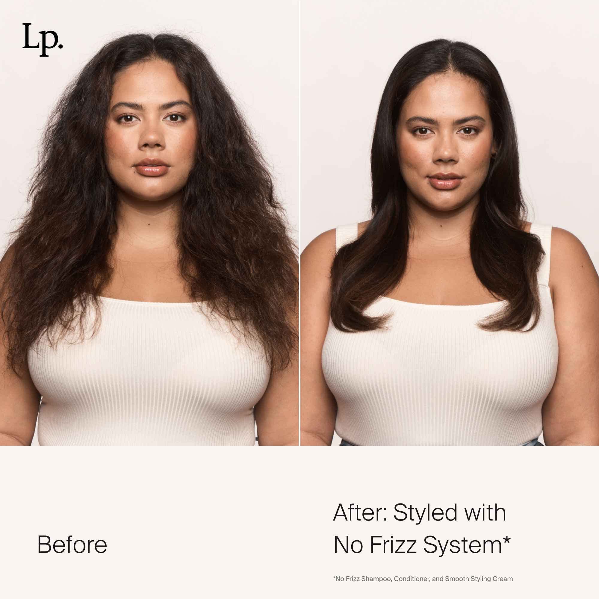 Living Proof No Frizz Smooth Styling Cream close-up applying amount shows root-to-tip conditioning