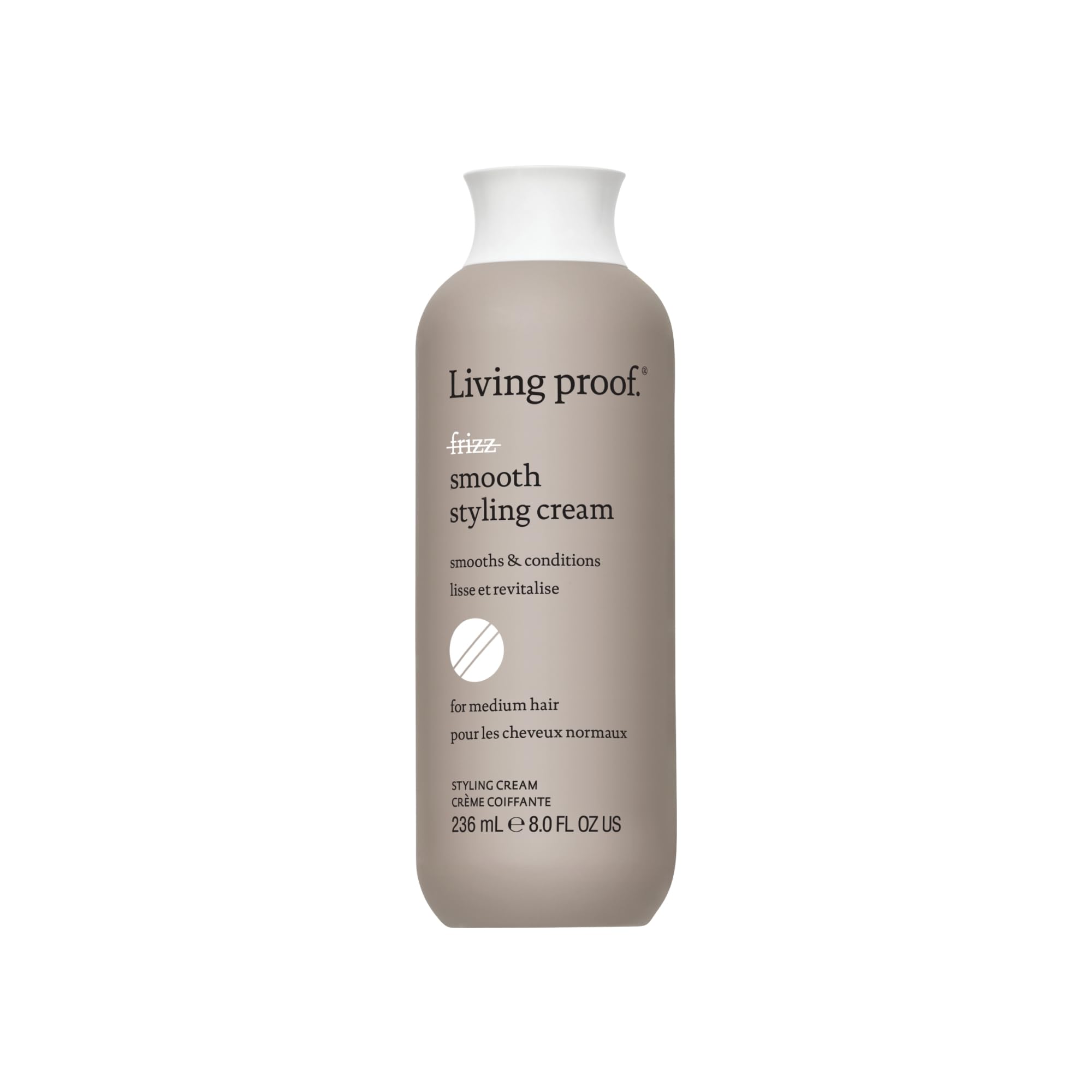 Living Proof No Frizz Smooth Styling Cream bottle close-up highlighting silicone-free frizz control