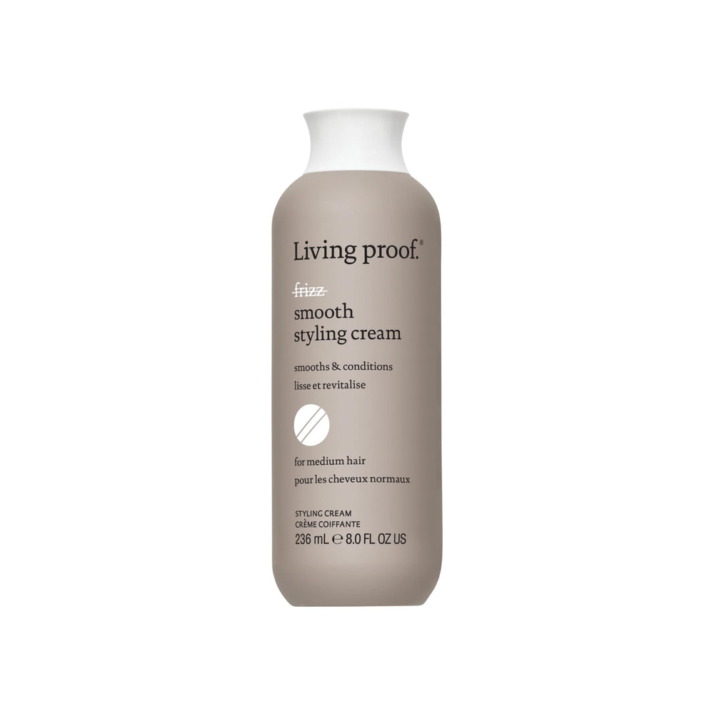 Living Proof No Frizz Smooth Styling Cream bottle close-up highlighting silicone-free frizz control