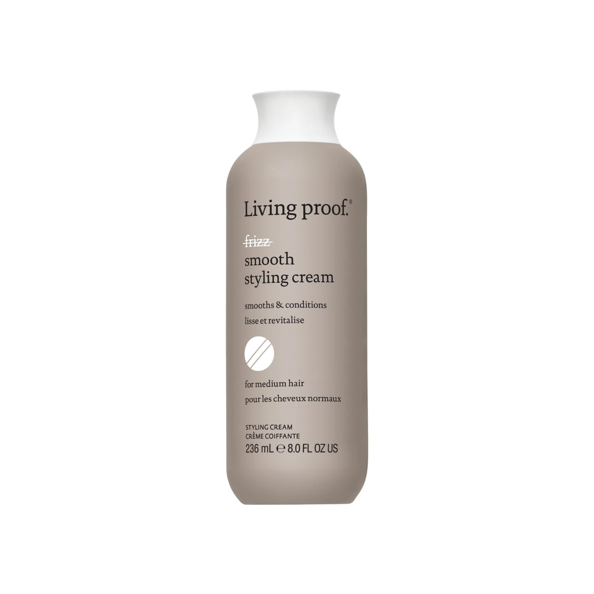 Living Proof No Frizz Smooth Styling Cream bottle close-up highlighting silicone-free frizz control