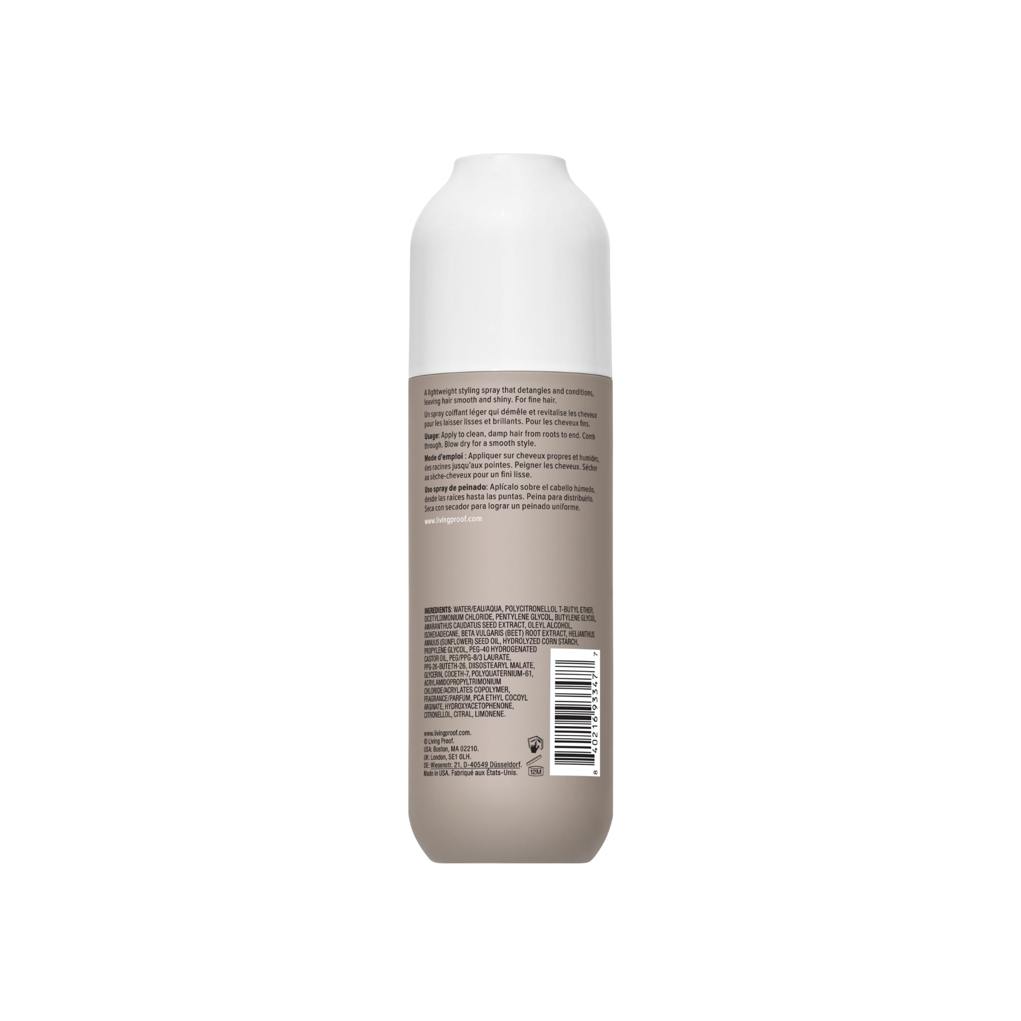 Living Proof No Frizz Smooth Styling Spray nozzle closeup highlights precise application without buildup.