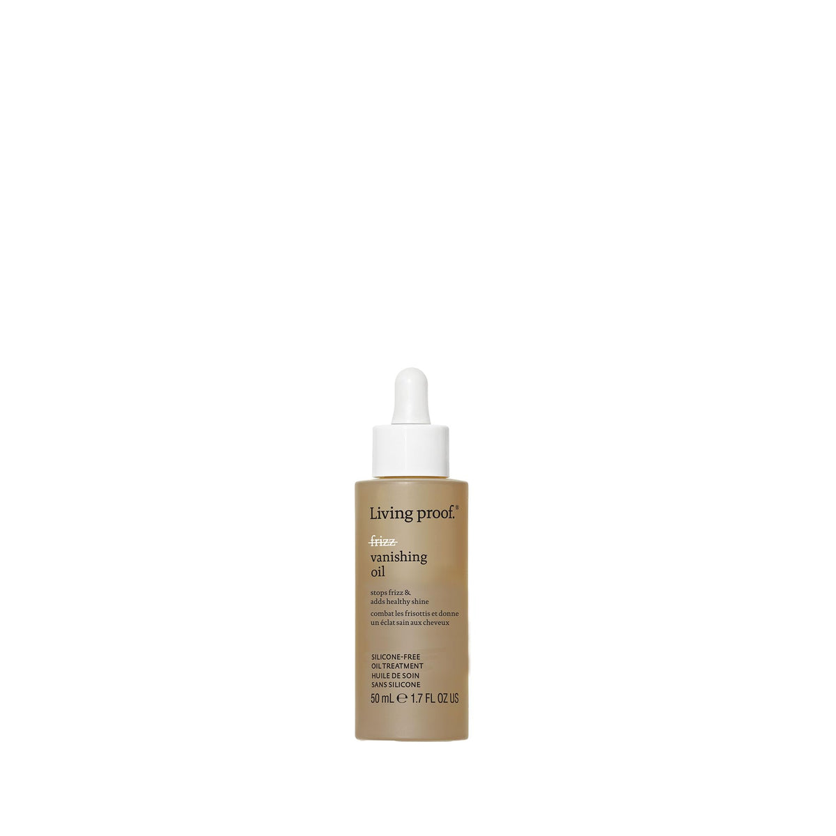 Living Proof No Frizz Vanishing Oil bottle provides lightweight frizz control and shine.