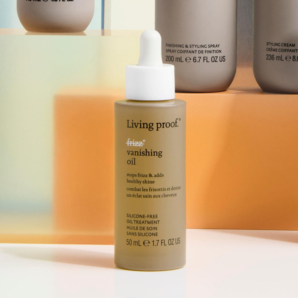 Living Proof No Frizz Vanishing Oil in humidity environment demonstrates frizz protection.