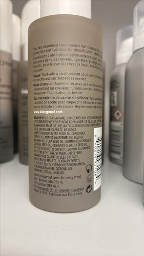 Living Proof No Frizz Vanishing Oil drop on palm illustrates lightweight hydration boost.
