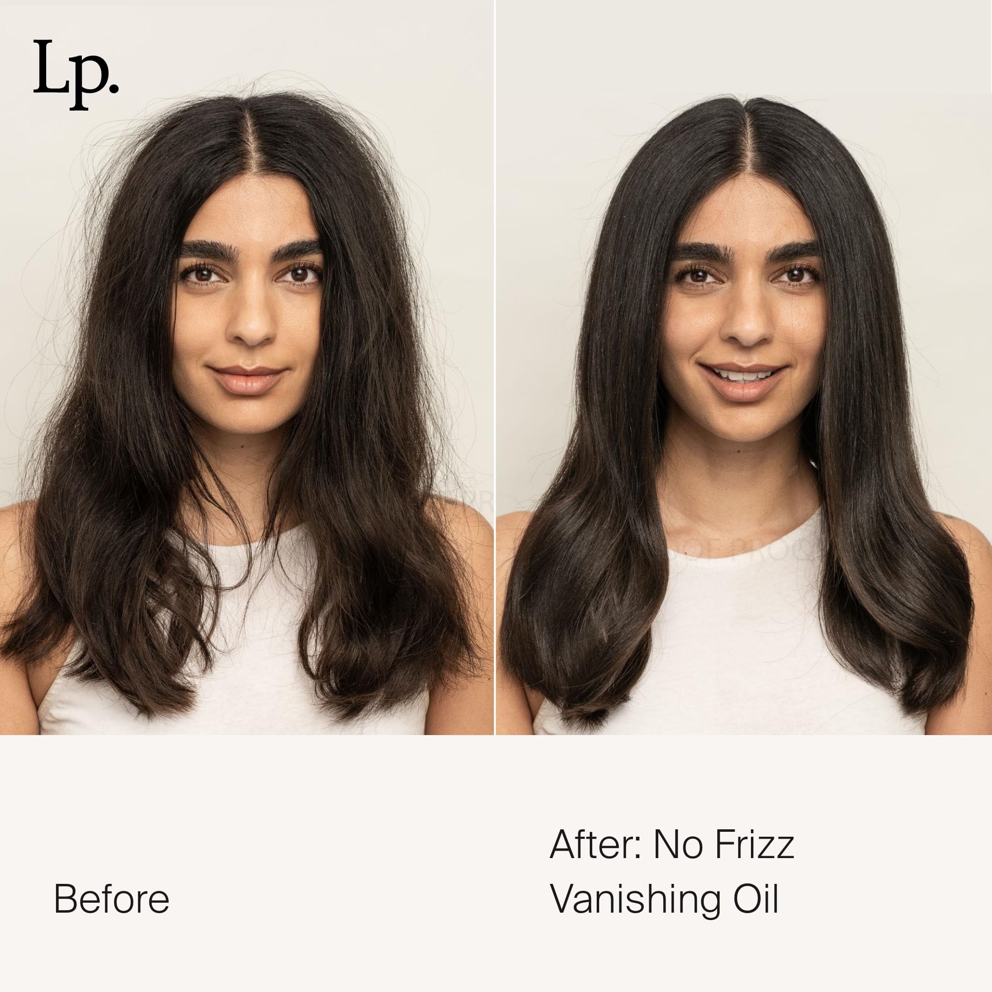 Living Proof No Frizz Vanishing Oil on hair shows smooth strands and reduced flyaways.
