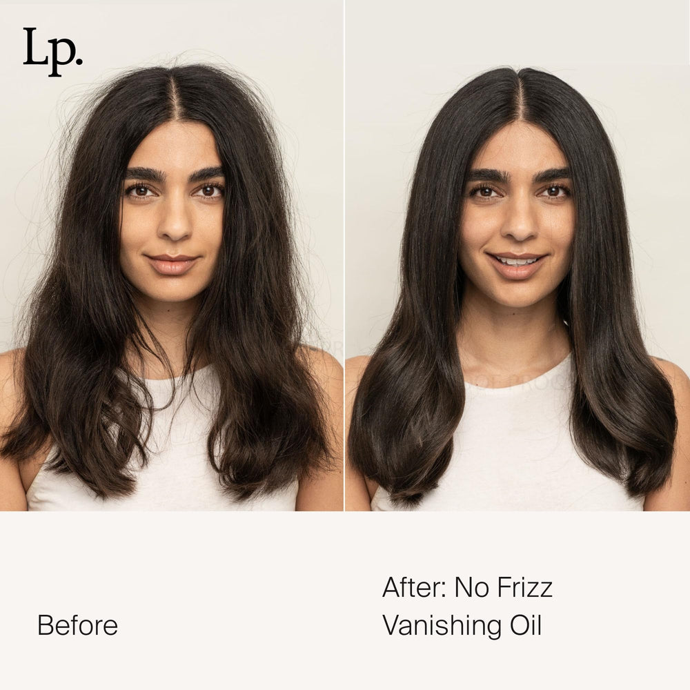 Living Proof No Frizz Vanishing Oil on hair shows smooth strands and reduced flyaways.